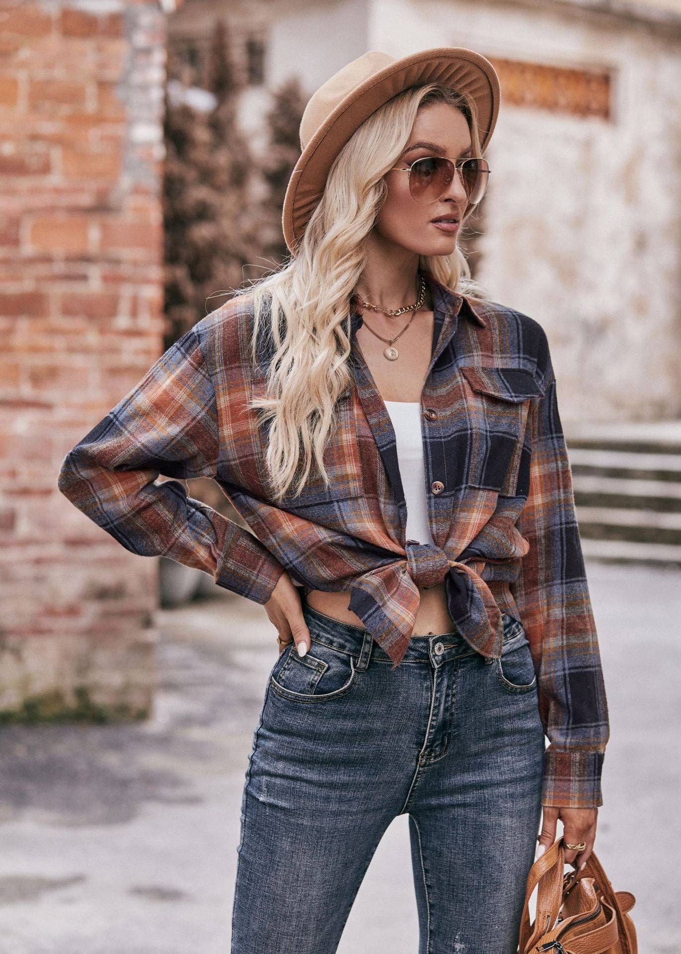 TOPS: Women's Autumn and Winter Casual Fashion Oversized Loose Plaid Shirt