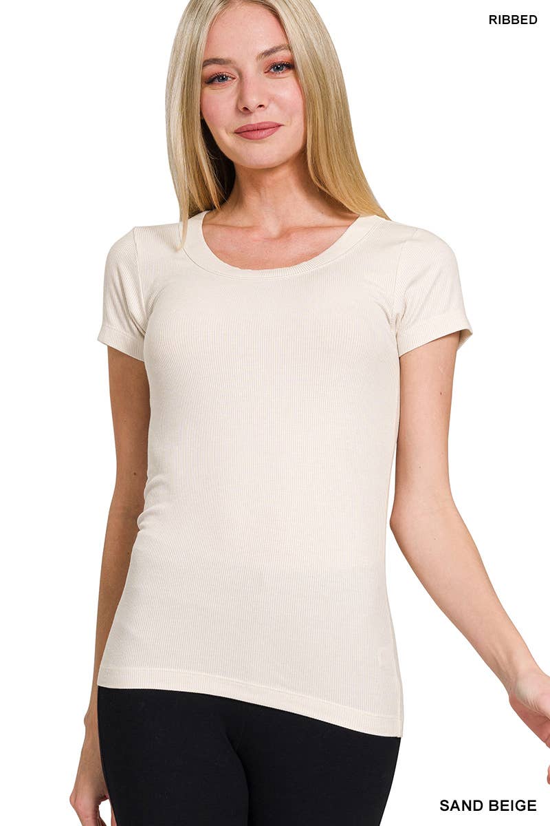 Ribbed Round Neck Short Sleeve Tee Shirts