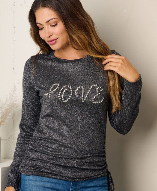 Tops: SIDE RUCHED SHIMMER GRAPHIC TOP