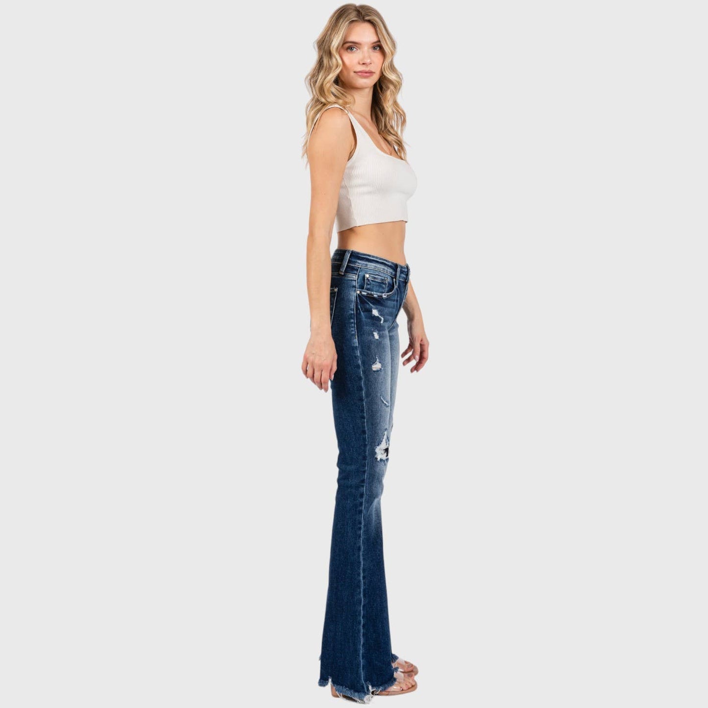 JEANS: DESTROYED PATCH WORK MID RISE FLARE W/ FRAYED HEM