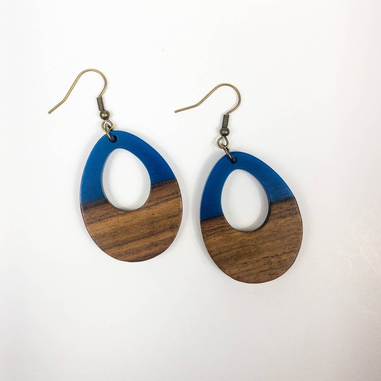 Navy Blue Hollow Tear Earrings Boho Wood Resin Dangle Drop