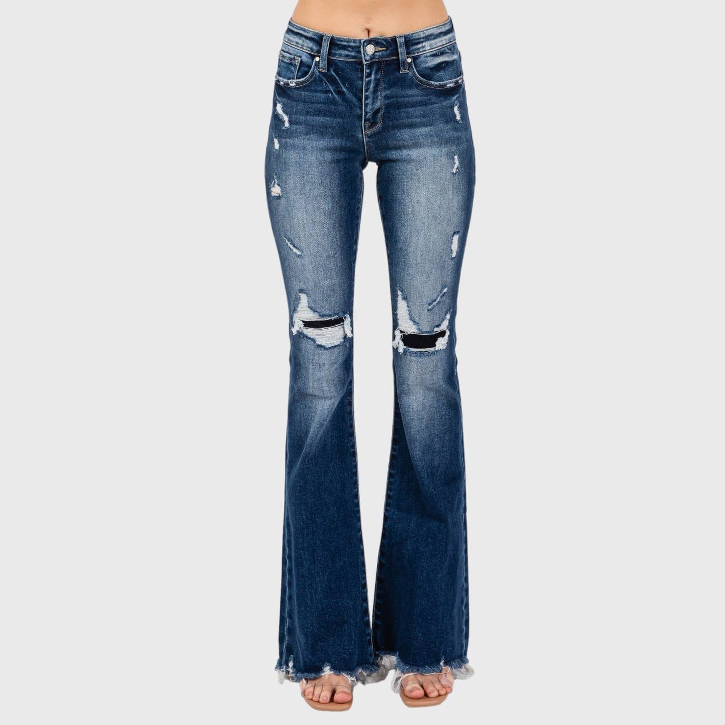 JEANS: DESTROYED PATCH WORK MID RISE FLARE W/ FRAYED HEM