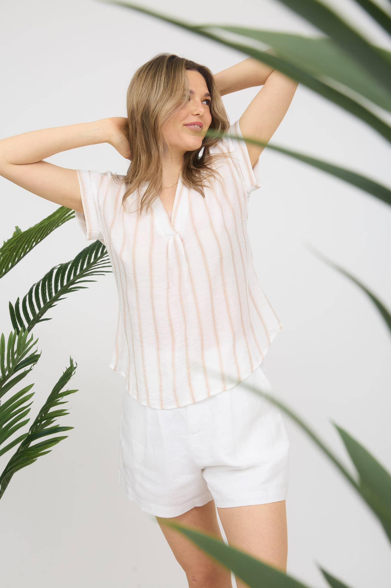 TOPS: STRIPE SPLIT NECK BACK BUTTON SHORT SLEEVE SHIRT