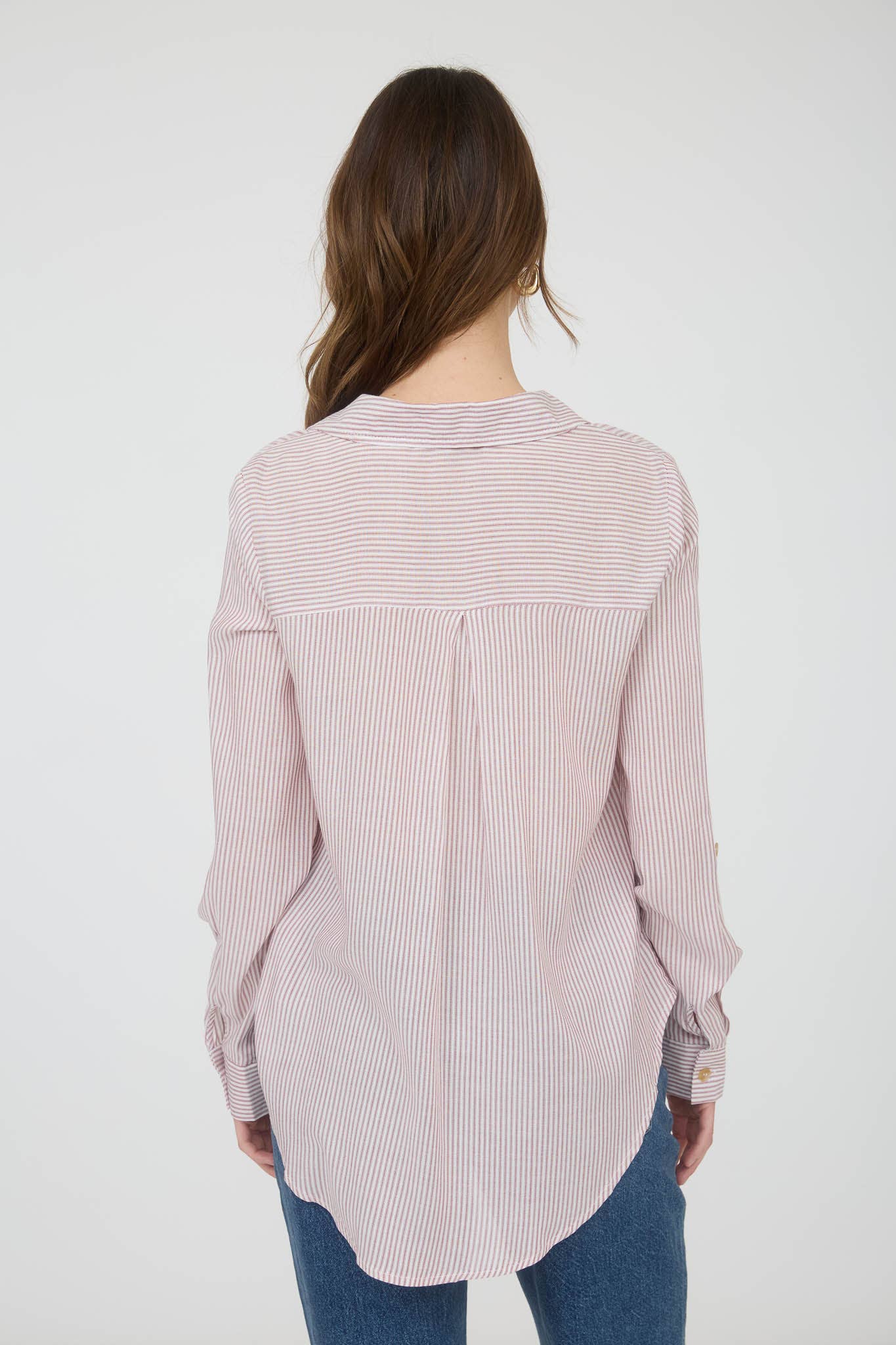 TOPS: STRIPED COLLARED BUTTON DOWN WITH POCKETS: BLACK