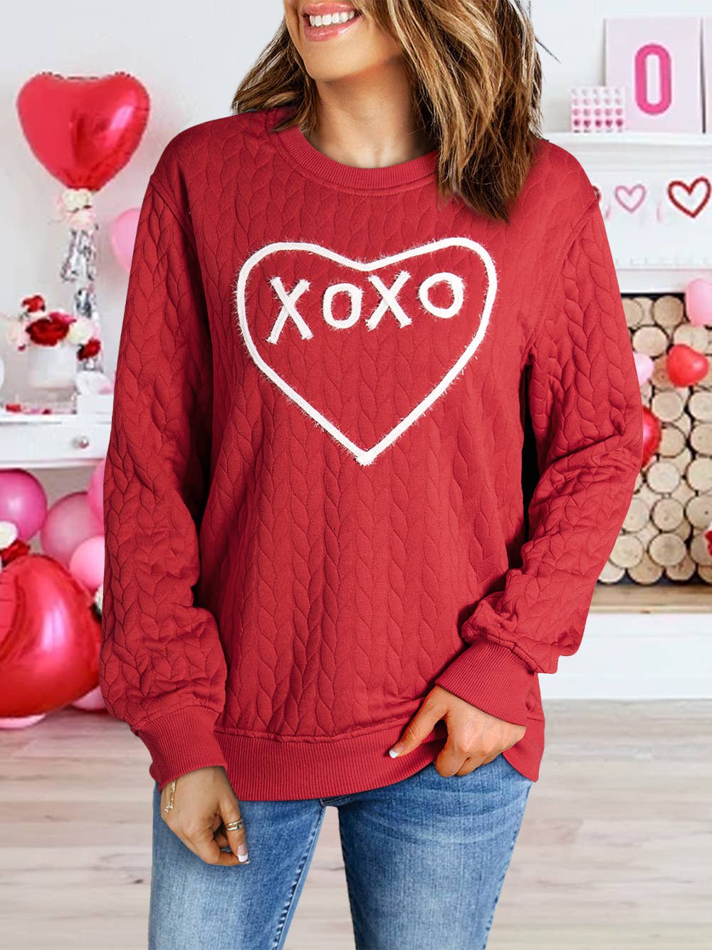 TOPS: Heart XOXO Chenille Embroidered Textured Sweatshirt