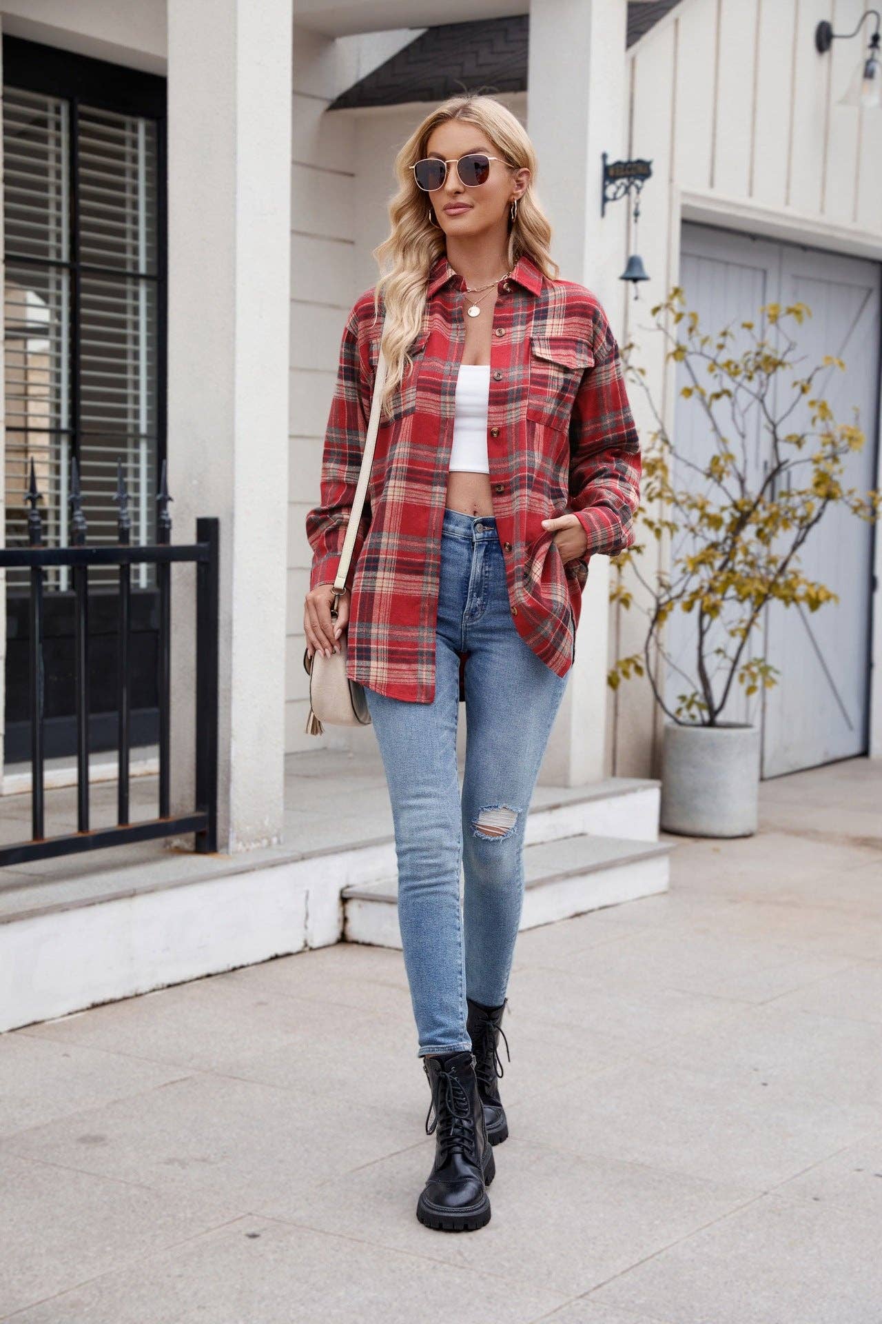 TOPS: Women's New Casual Fashion Loose Plaid Pocket Shirt