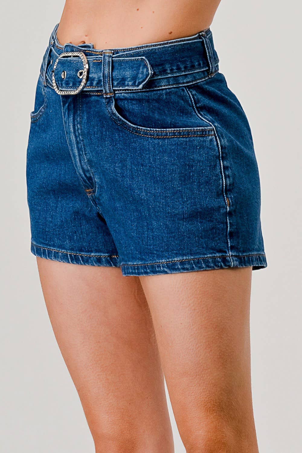 BOTTOMS: Shorts I6173HS - Medium Dark Wash - High Rise Belted Denim Shorts