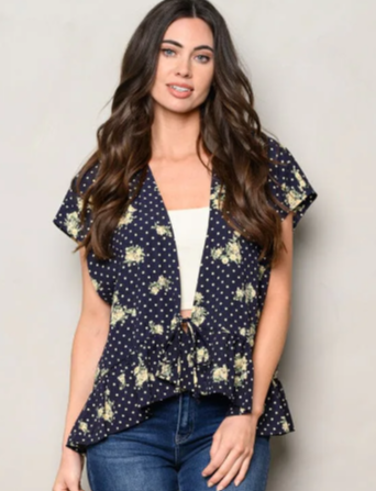 LAST CALL: Blouse Blue FLORAL RUFFLE SELF TIE CARDIGAN