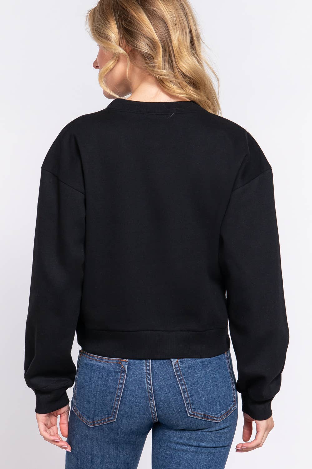 SWEATESHIRT: Long Sleeve Round Neck Crop Sweatshirt