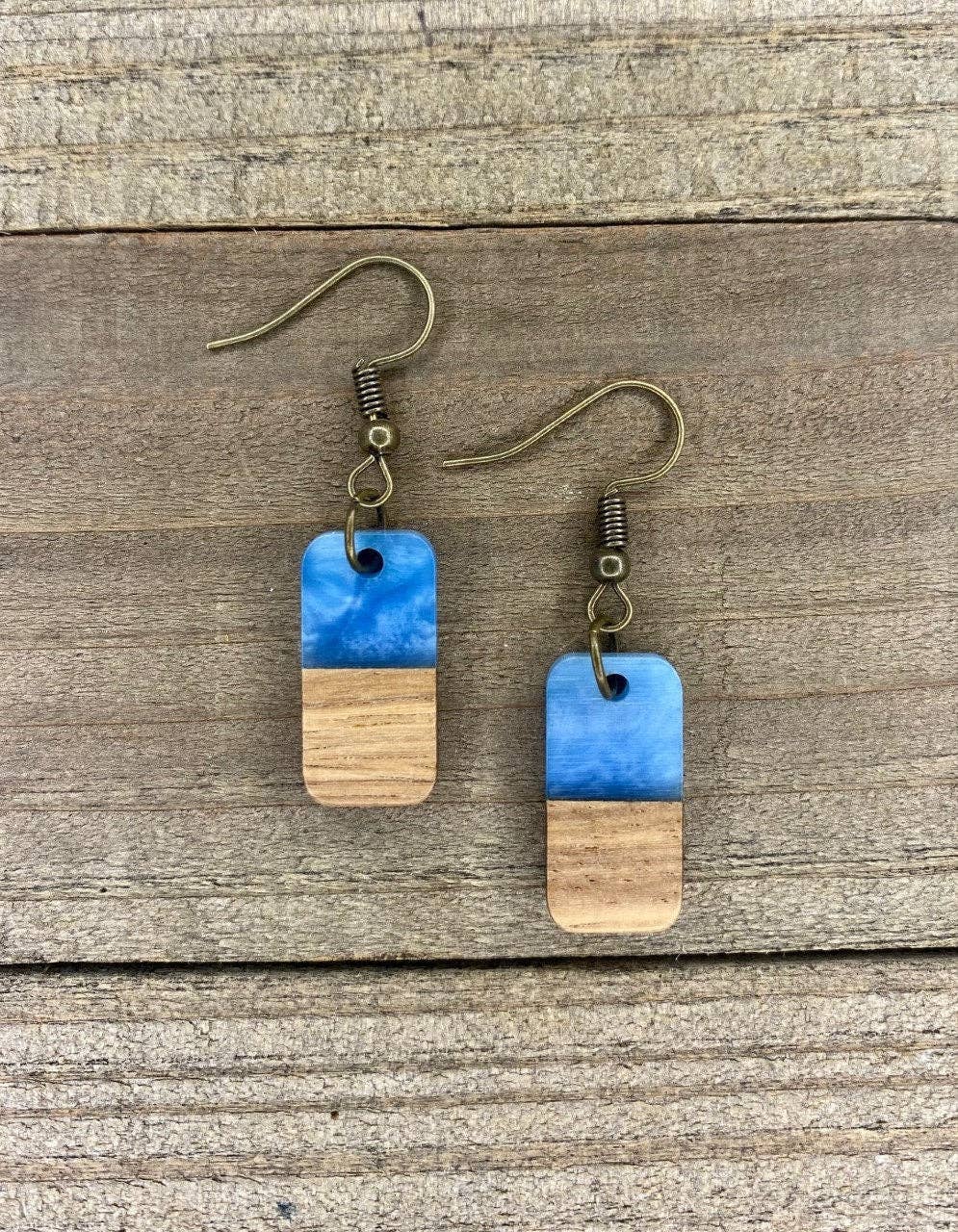 Pearly Blue "Tabbies" | Wood + Resin Bohemian Earrings