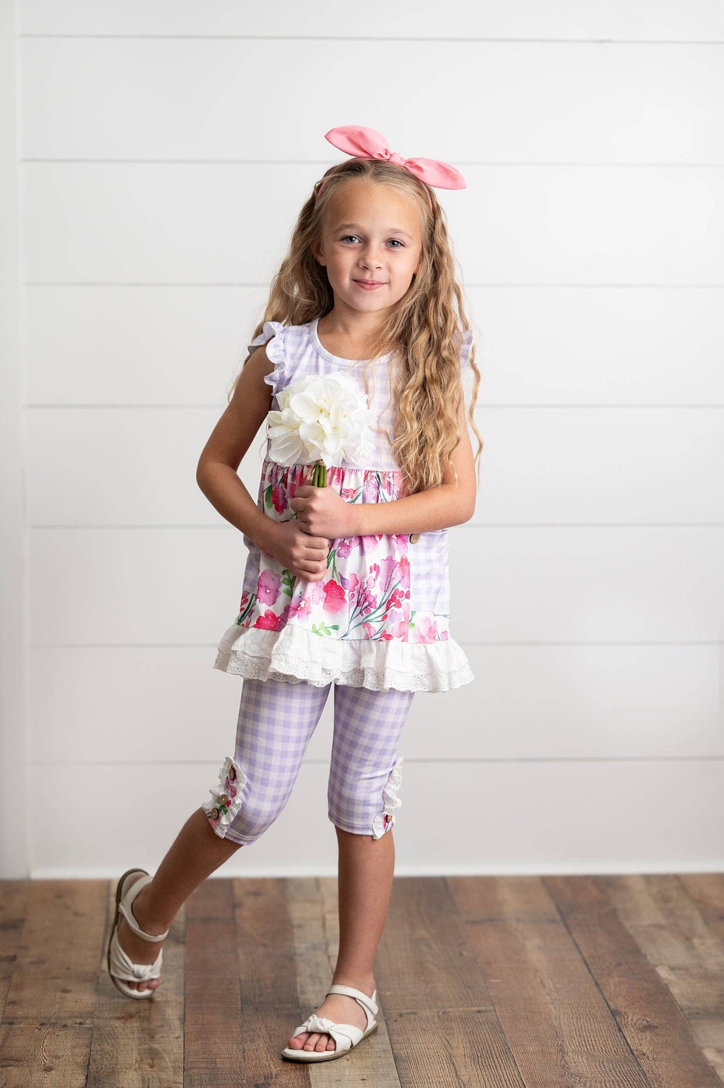 Kids Lavender Gingham & Floral Capri Ruffle Summer Set