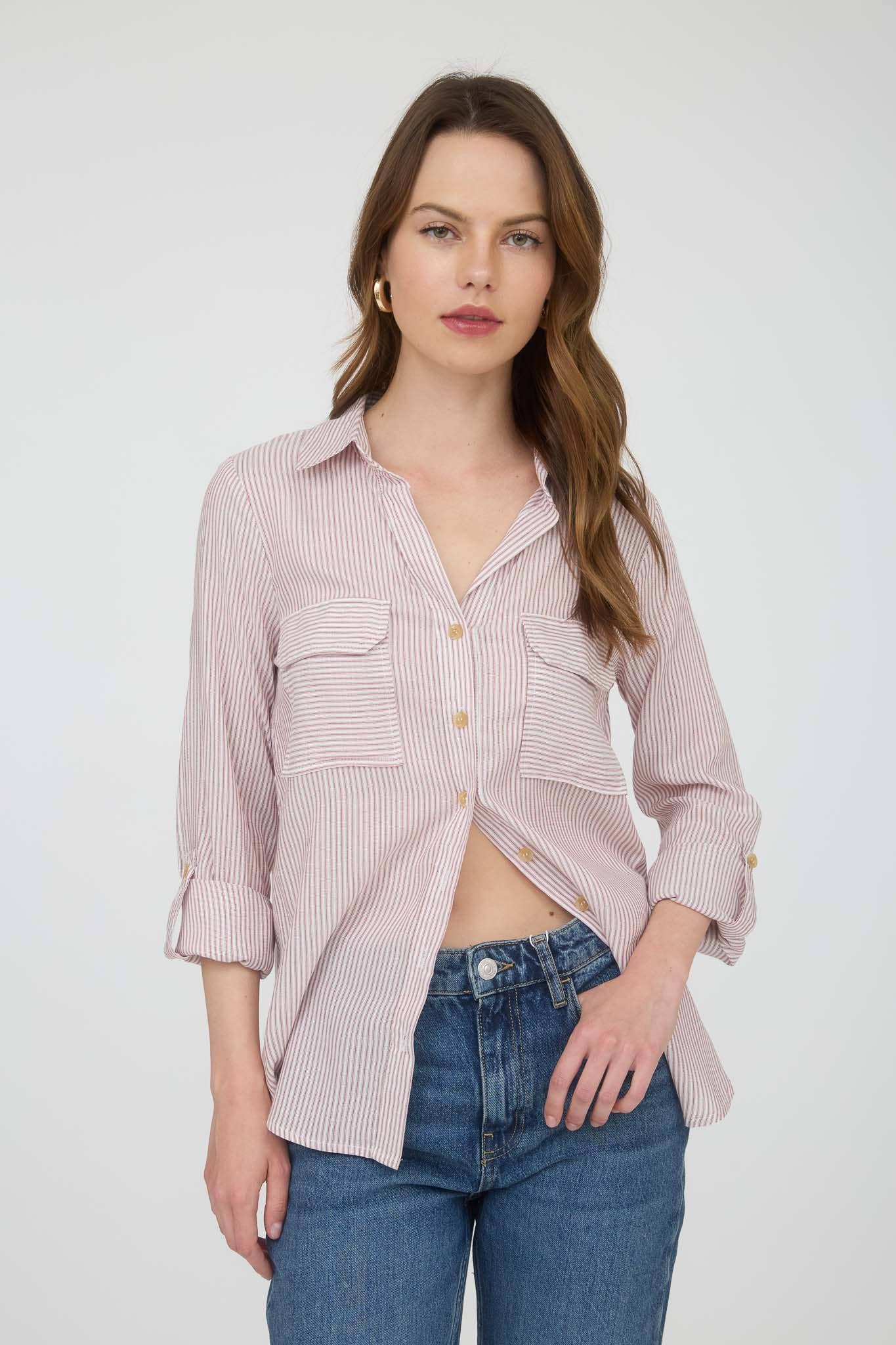 TOPS: STRIPED COLLARED BUTTON DOWN WITH POCKETS: BLACK