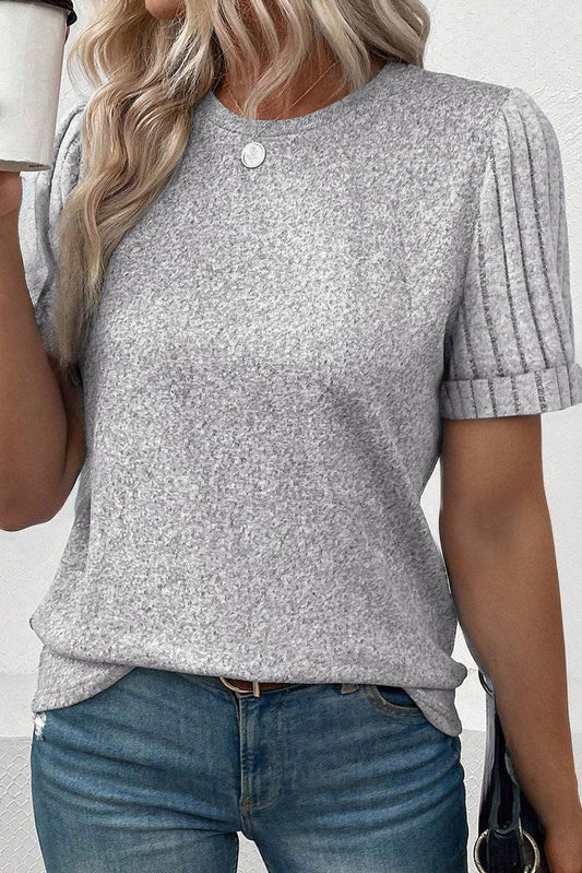LAST CALL: Ribbed Splicing Sleeve Round Neck T-shirt