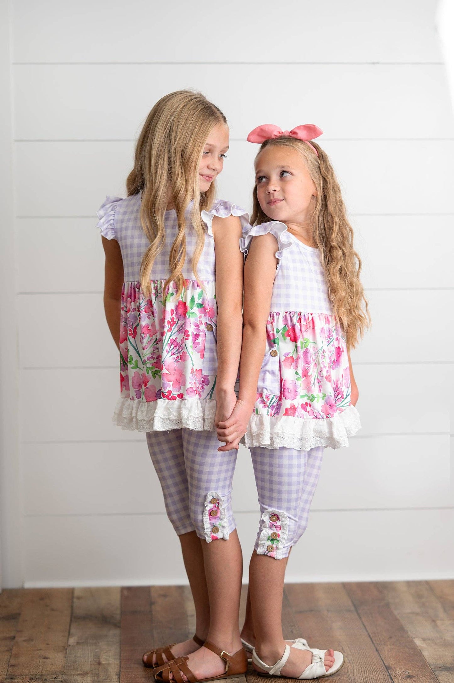 Kids Lavender Gingham & Floral Capri Ruffle Summer Set