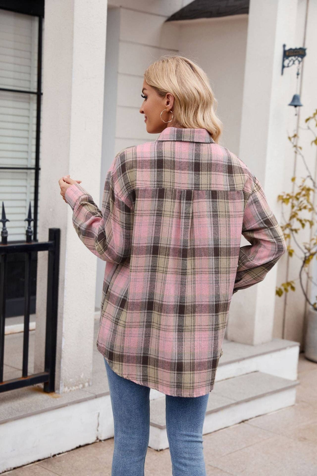 TOPS: Women's New Casual Fashion Loose Plaid Pocket Shirt