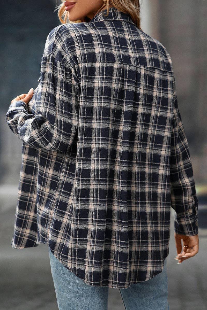 TOPS: Plaid Button Down Shirt with Chest Pockets and Tie Hem