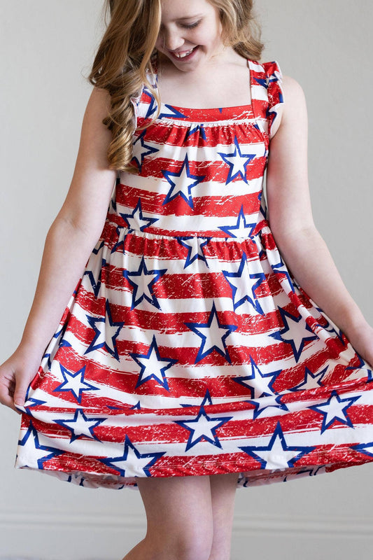CHILDRENS: Stars & Stripes Ruffle Cross Back Dress