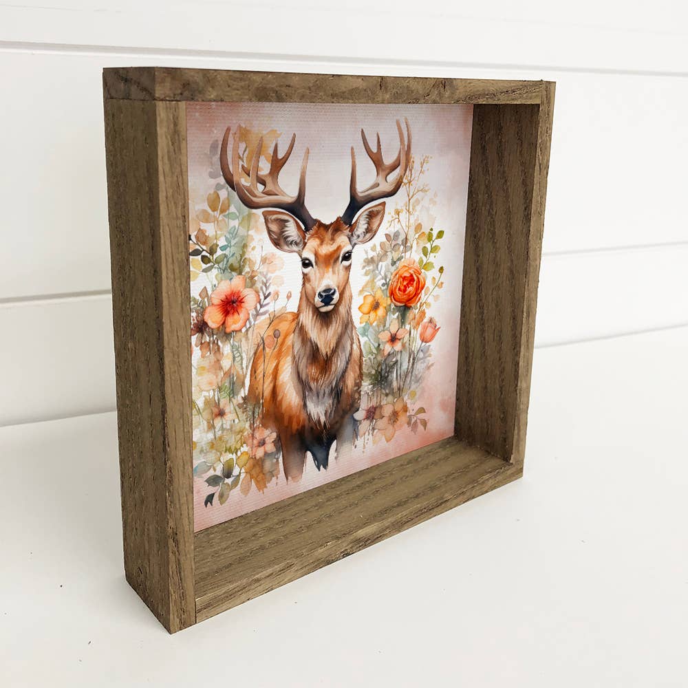 HOME: Deer in Wildflowers Wall Art - Wildlife Canvas Art - Framed