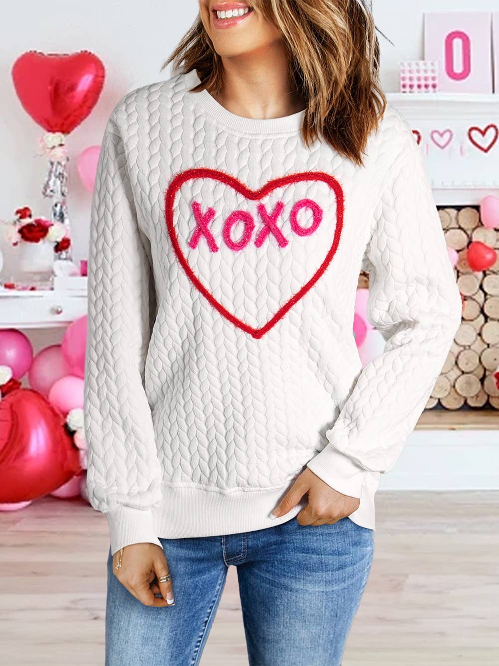 TOPS: Heart XOXO Chenille Embroidered Textured Sweatshirt