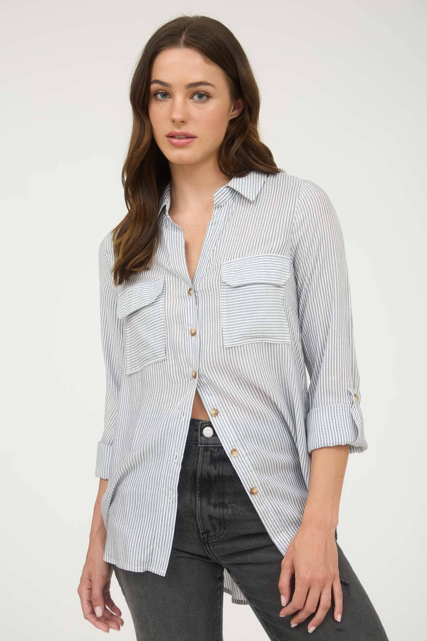 TOPS: STRIPED COLLARED BUTTON DOWN WITH POCKETS: BLACK