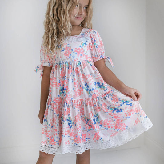 CHILDRENS: Kids Pink & Blue Lace Tiered Square Neck Summer Dress
