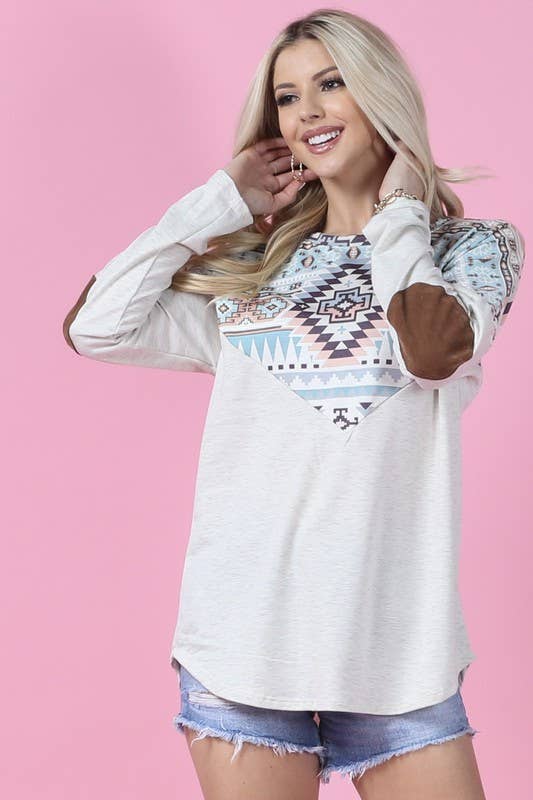TOPS: MOLLY AZTEC PRINT COLOR BLOCK ELBOW PATCH TOP