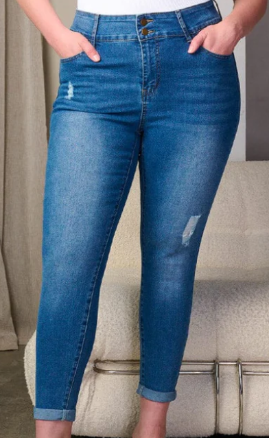 PLUS JEANS: BUTTON CLOSURE WASHED DISTRESS DENIM SKINNY JEANS