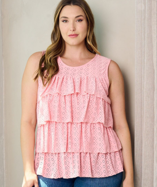 PLUS TOPS: SIZE SLEEVELESS RUFFLE EYELET DETAILED TANK TOP
