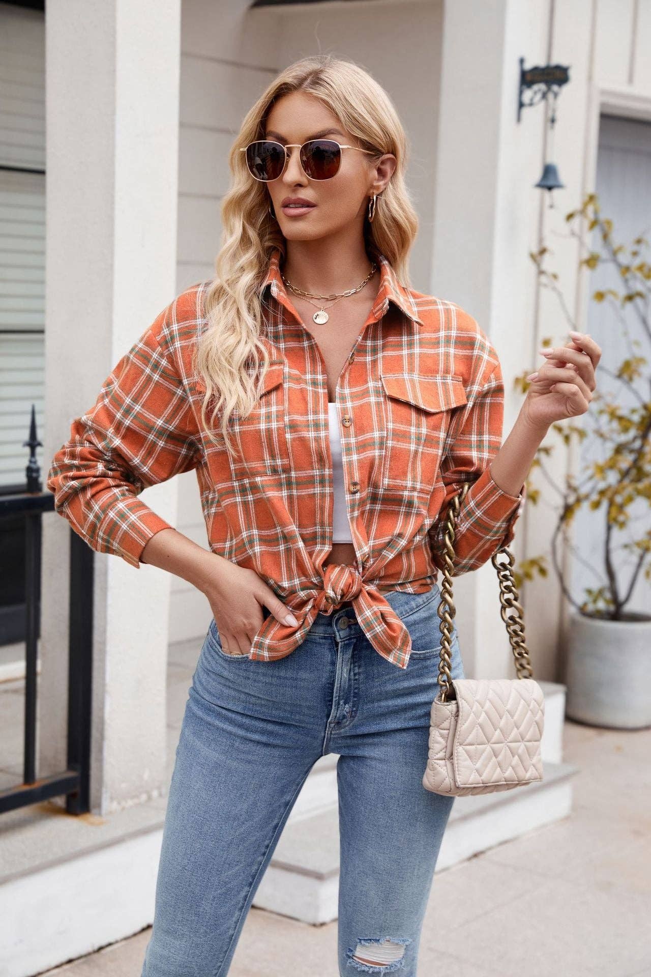TOPS: Women's  New Casual Fashion Loose Plaid Pocket Shirt