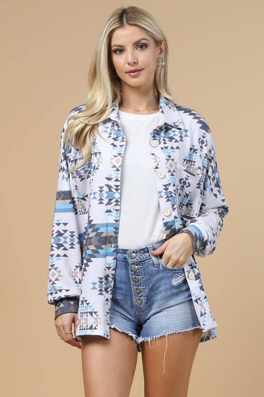 TOPS: VICTORIA GEO PRINT BUTTON DOWN SHACKET