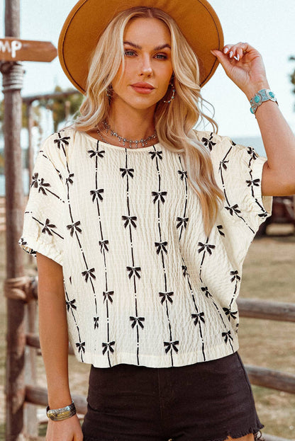 Bow Print Puff Short Sleeve Top