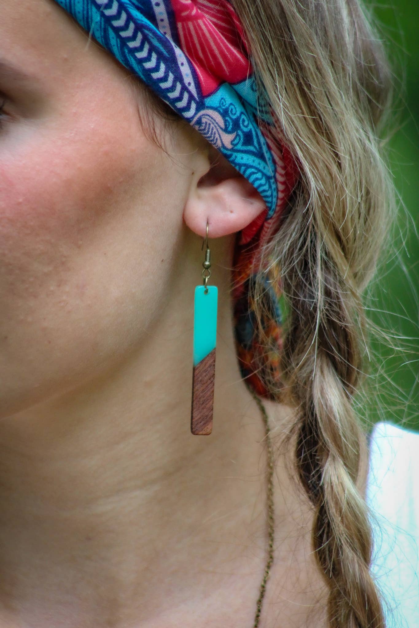 Aqua Bohemian Earrings Long Boho Earrings Dangle Wood Resin