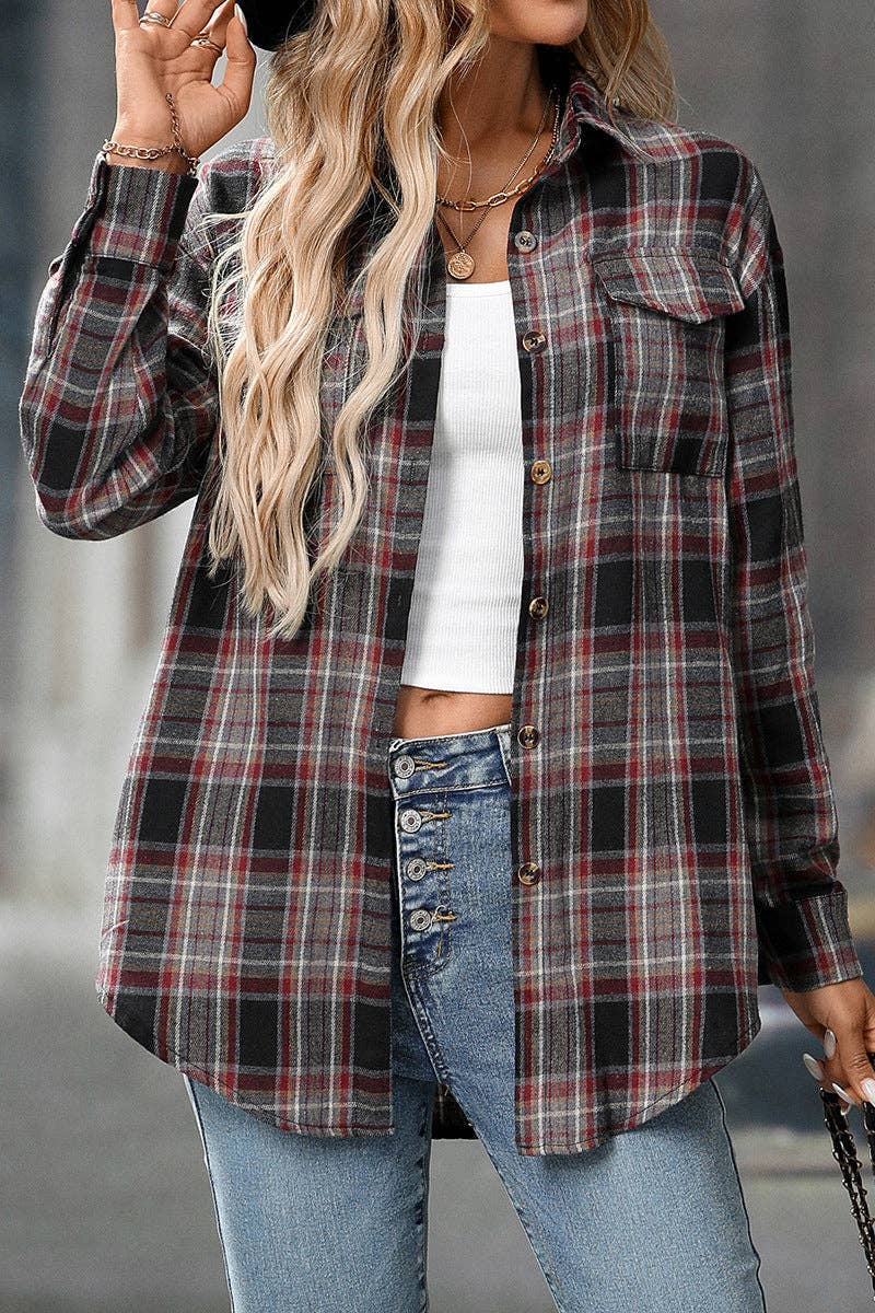 TOPS: Plaid Button Down Shirt with Chest Pockets and Tie Hem