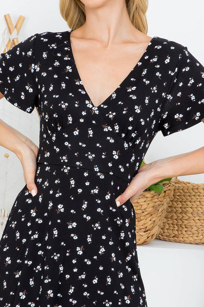LAST CALL: Short sleeve floral deep v neck dress