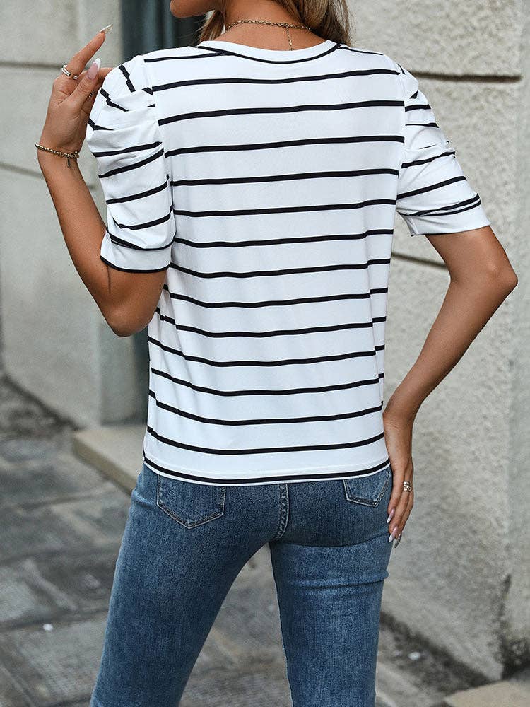 TOPS: Striped Casual Bubble Sleeve T-Shirt