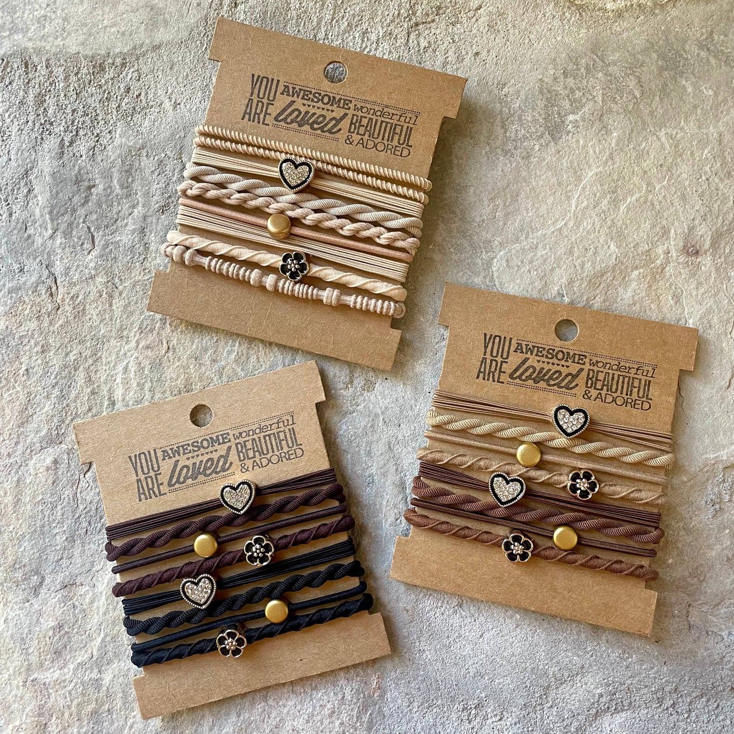 ACCESSORIES: Charm Hair Ties on Kraft Card | Brown & Black