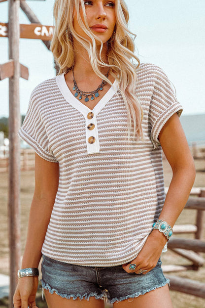 TOPS: Fashion-W Stripe Buttoned Front V Neck Knitted T Shirt