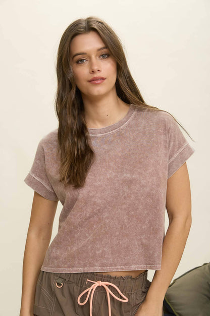 TOPS: WASHED EXTENDED SHOULDER SHORT SLEEVE KNIT TOP