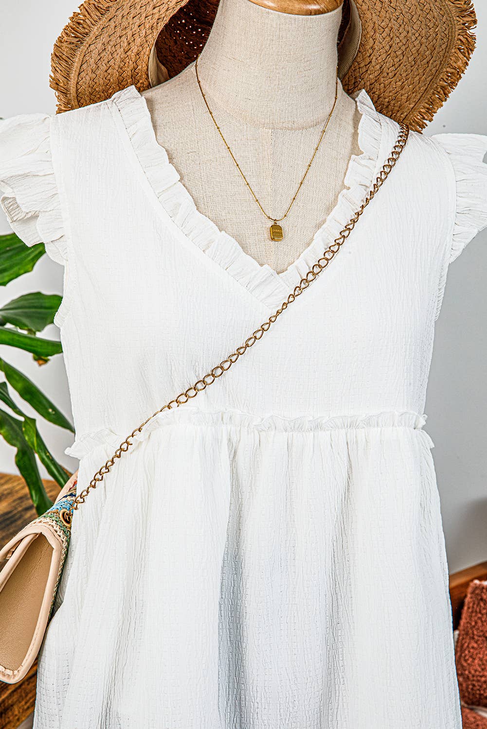 Textured Ruffled Trim V Neck Flutter Flowy Top