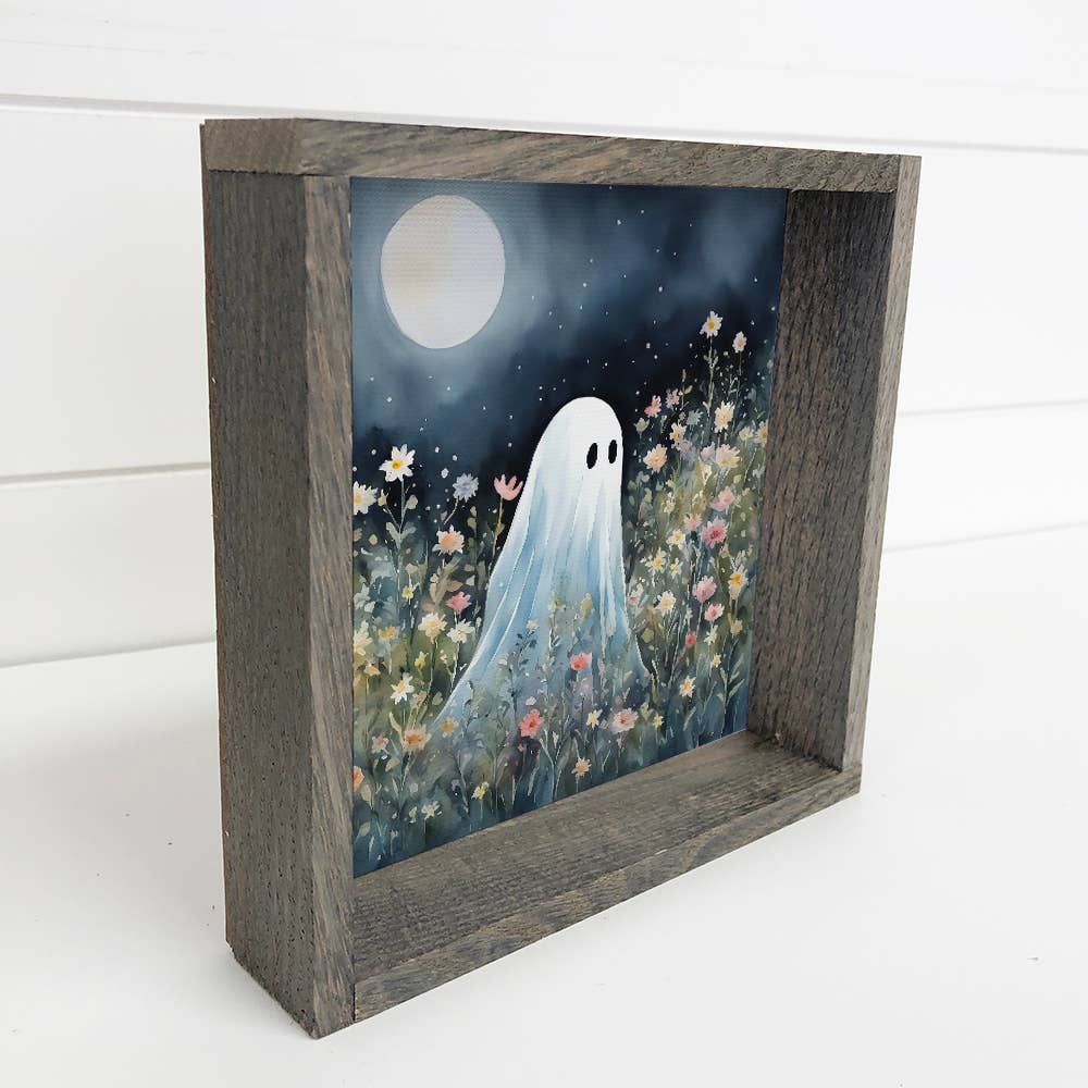 HOME: Cute Ghost in Wildflowers - Halloween Canvas Art - Framed