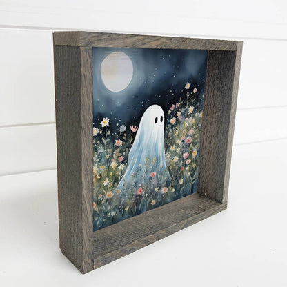 HOME: Cute Ghost in Wildflowers - Halloween Canvas Art - Framed