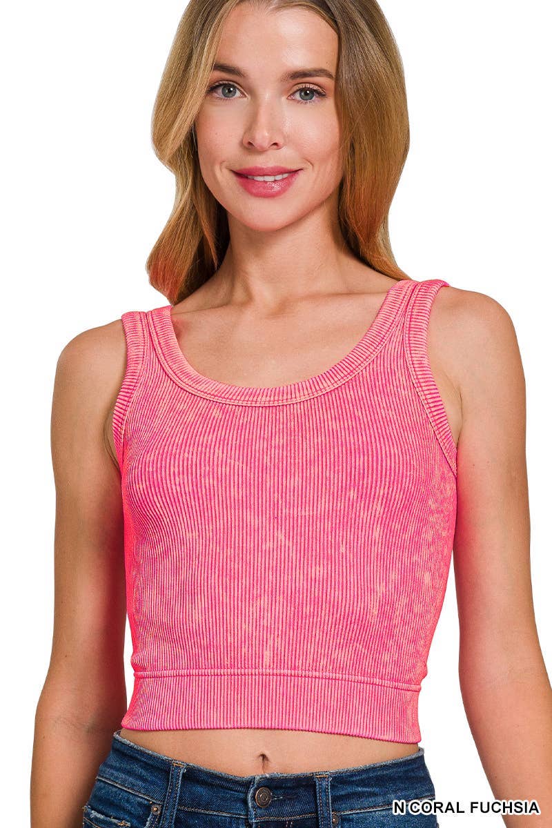 Washed Ribbed Cropped Seamless Scoop Neck Tank Top
