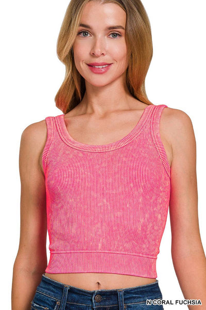 Washed Ribbed Cropped Seamless Scoop Neck Tank Top