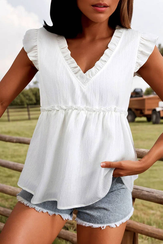 Textured Ruffled Trim V Neck Flutter Flowy Top