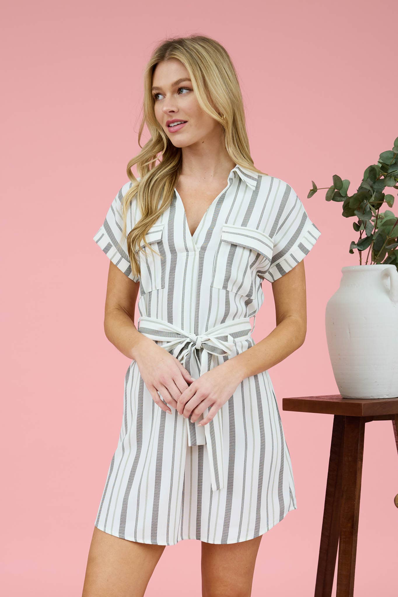 DRESS: STRIPE COLLARED SHORT SLEEVE BELTED SHIRT DRESS