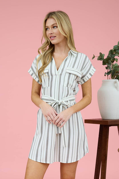 DRESS: STRIPE COLLARED SHORT SLEEVE BELTED SHIRT DRESS