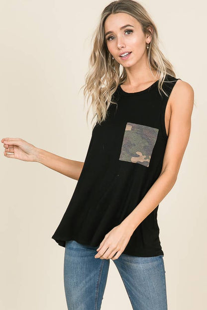 TOPS: Camouflage Chest Pocket Sleeveless Top