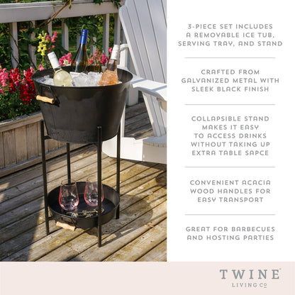 HOME: Beverage Tub w/ Collapsable Stand & Tray - Black - Set of 3
