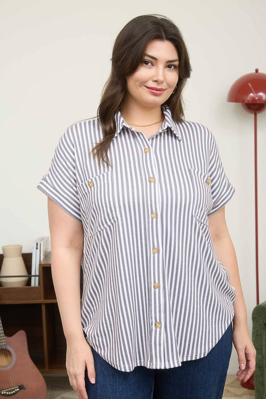 PLUS TOPS:  STRIPE COLLARED SHORT SLEEVE BUTTON DOWN TOP