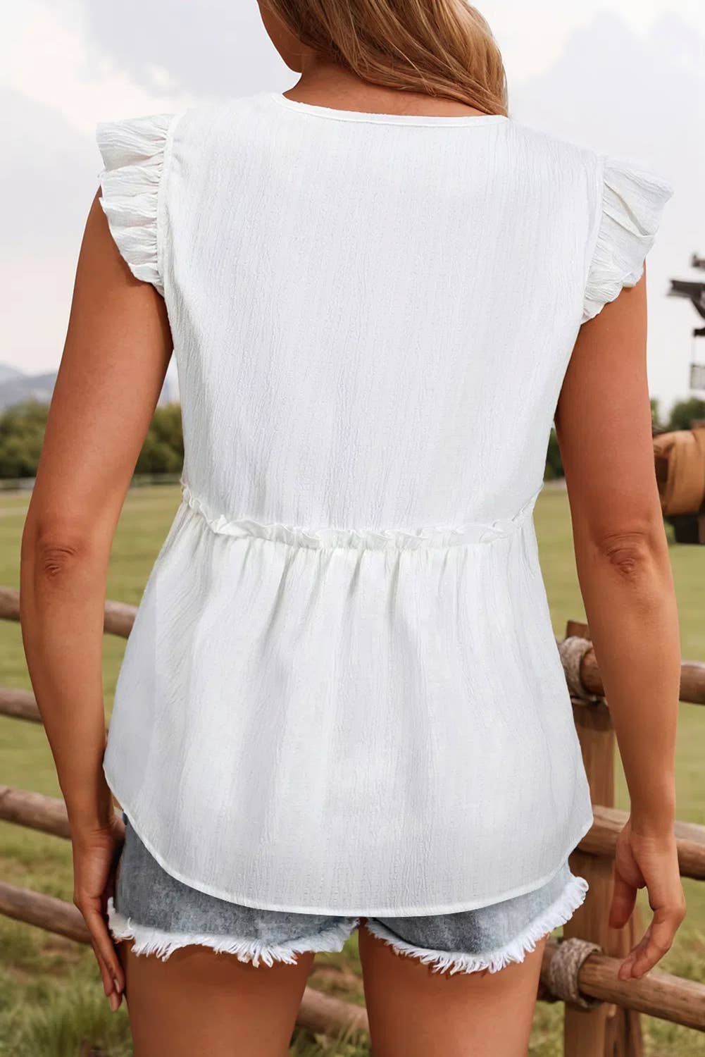 Textured Ruffled Trim V Neck Flutter Flowy Top
